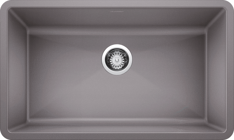 Thumbnail: Grey kitchen sink with drain. Silver Grey Granite, modern design. Blanco.