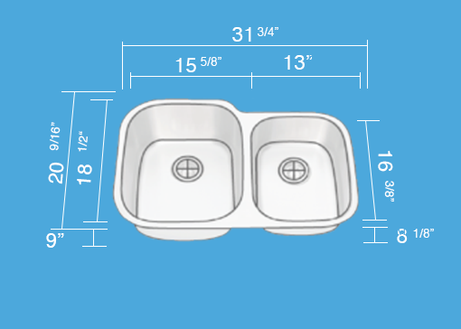 Thumbnail: Diagram of KSN-2132-9-D Offset Double Bowl Undermount Sink with dimensions on blue background.