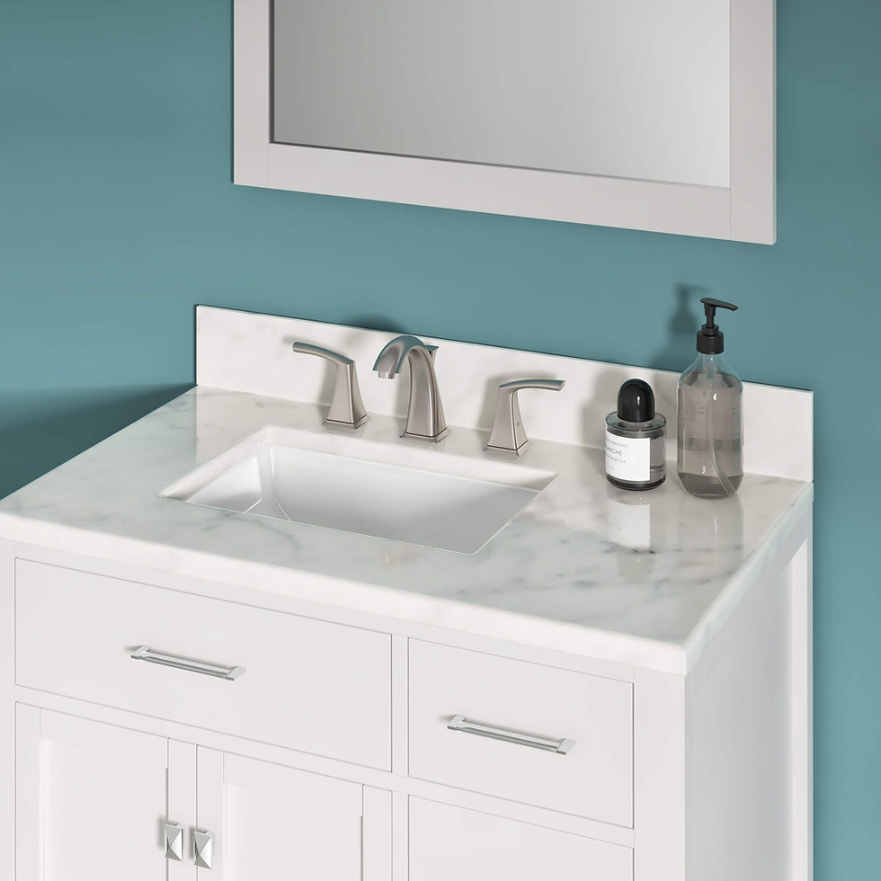Thumbnail: White vanity with sink, mirror, soap dispenser, and Black Soapstone countertop.
