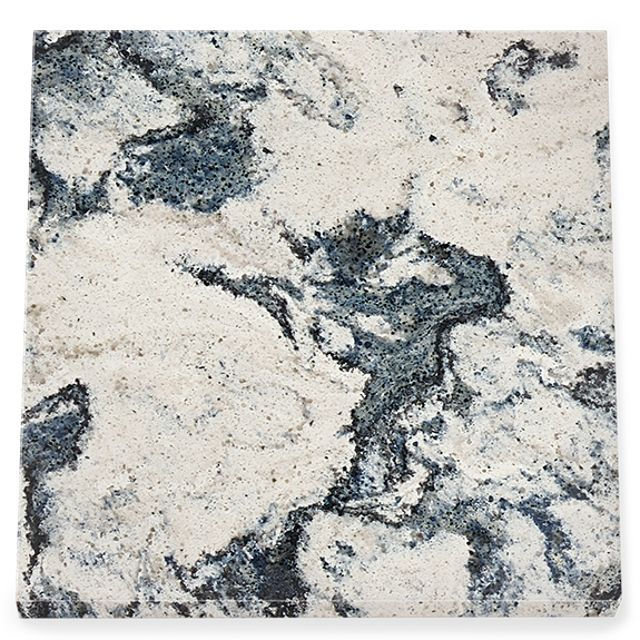 Thumbnail: White and blue marble countertop with a Double Ogee Edge, close-up view.
