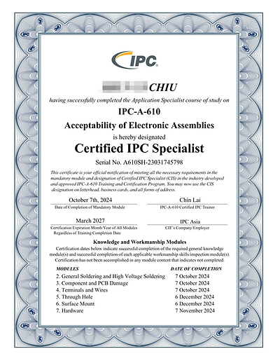 Official IPC-A-610 certification for Regulus, demonstrating compliance with Class 1, 2, and 3 workmanship standards to ensure superior soldering quality in all electronic assembly processes.
