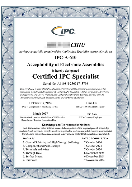IPC-A-610 certification for Regulus, demonstrating our commitment to the highest workmanship standards in electronic assembly and ensuring superior quality across all PCB assembly and soldering processes.