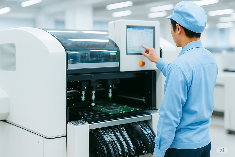 A technician carefully adjusts settings on an SMT assembly machine, ensuring precision during production.
