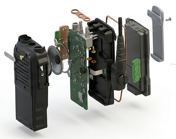 Multi-band radio transceiver exploded view showing PCBA, housing, battery, antenna, and mechanical components for box build assembly integration.