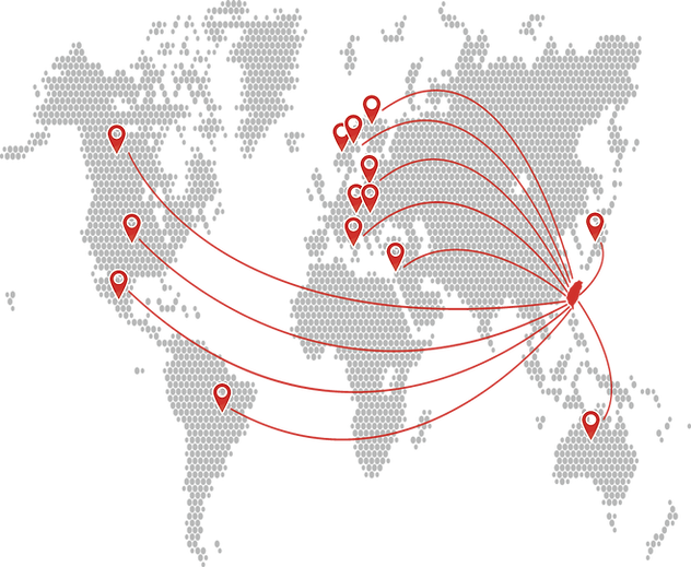 Global market distribution of Regulus PCB assembly services across America, Europe, and Asia, highlighting supply chain reach.