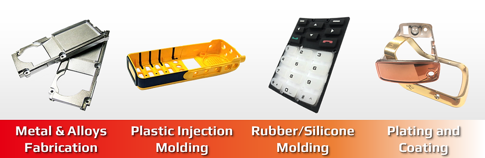 Custom parts manufacturing options: metal fabrication, plastic injection molding, rubber or silicone molding, and plating & coating.