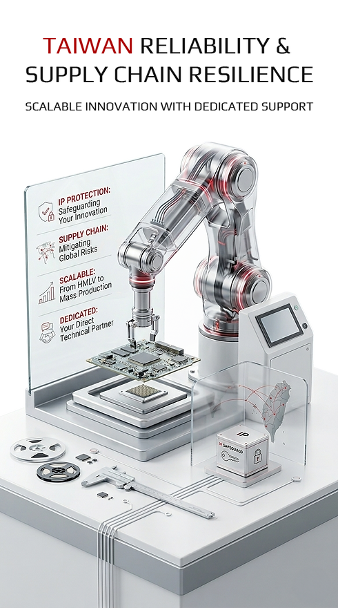 Robotic arm performing PCB assembly on circuit board, highlighting Taiwan manufacturing reliability, supply chain resilience, and scalable PCBA solutions.
