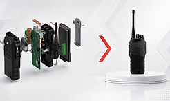 Professional radio communication transceiver box build assembly concept with a 3D exploded view of PCBA and enclosure components alongside the finished product.