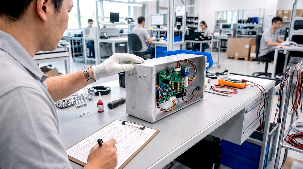 Engineer checking mechanical fit in box build assembly with PCBA inside a metal enclosure and possible screw fastening issue.