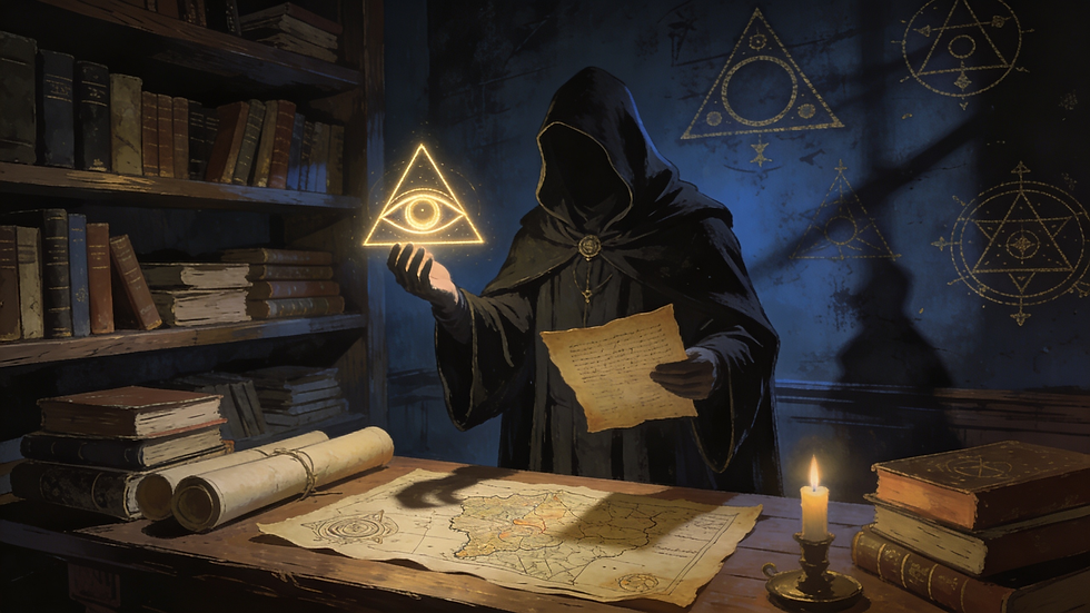 un homme en cape noir dans une bibliothèque occulte qui fait partie d'une société secrète