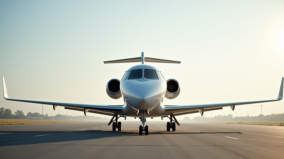 eye-level view of a sleek white private jet on the runway