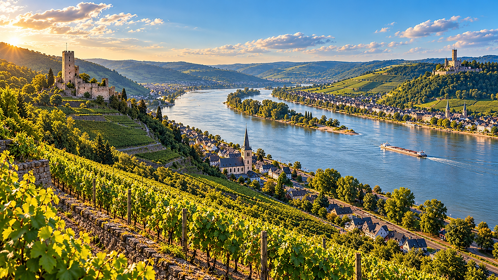 Schönes DOMIZIL Eltville – Wohnen 60 plus im Rheingau Blick über Weinberge auf eine Flussstadt mit See, Kirchturm und fliegendem Vogel unter blauem Himmel mit Wolken.