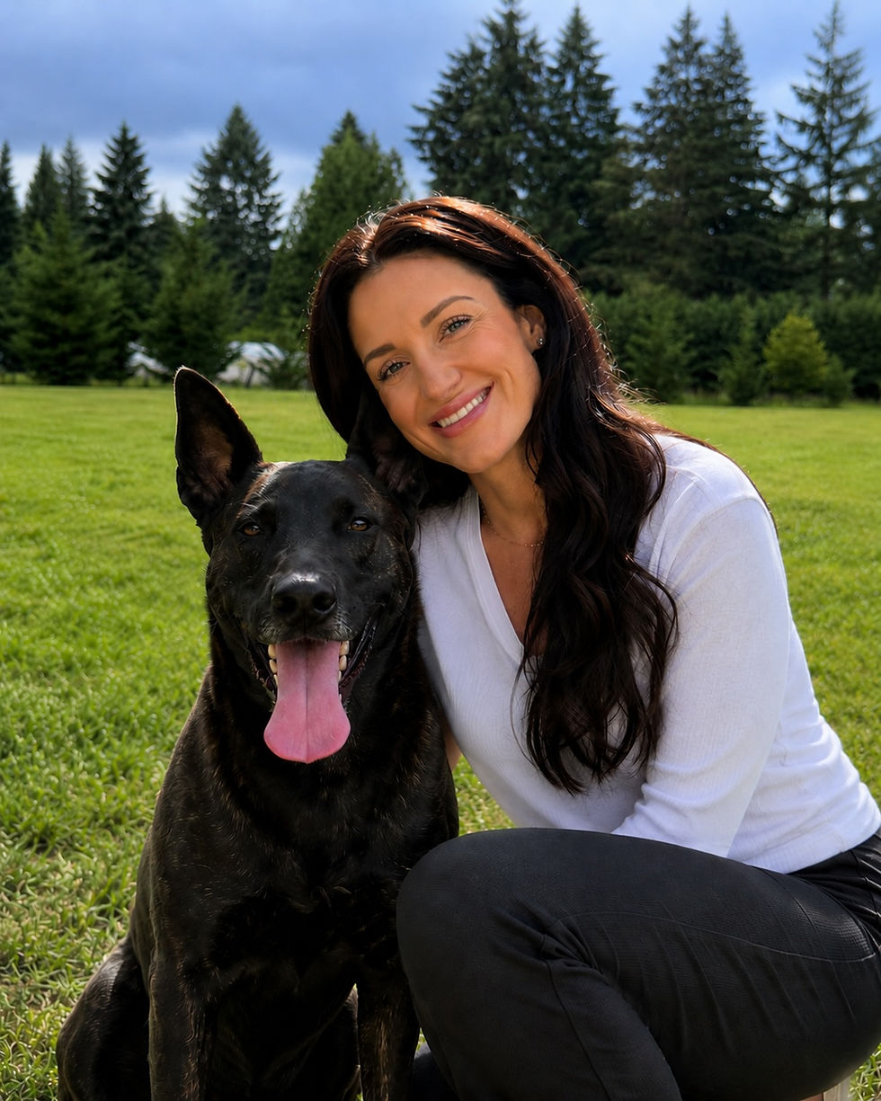 Picture of a woman in a white shirt smiling and kneeling with a brindle German Shepard dog, outside with trees and a blue sky.