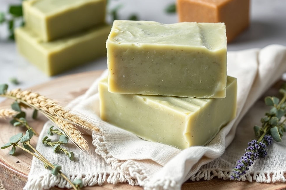 moss green, rustic rough cut bars of soap stacked on linen cloths with dainty wheat strand