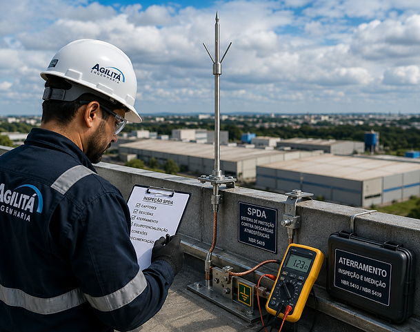 Engenheiro inspecionando sistema de SPDA em cobertura industrial
