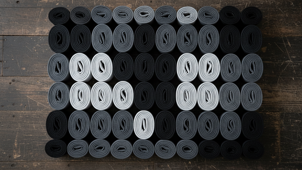 Close-up view of martial arts belts arranged by colour on a wooden floor