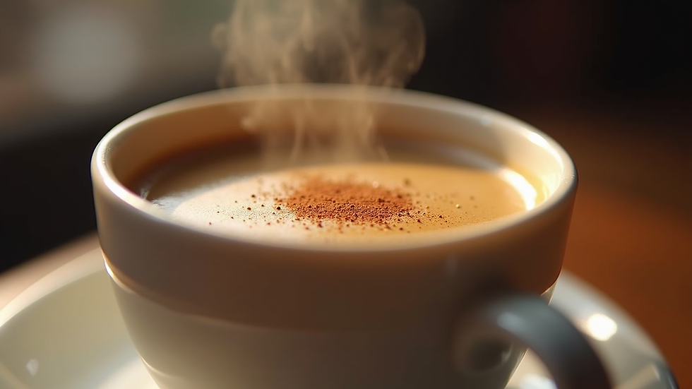 Close-up view of a steaming cup of coffee with a sprinkle of cinnamon on top