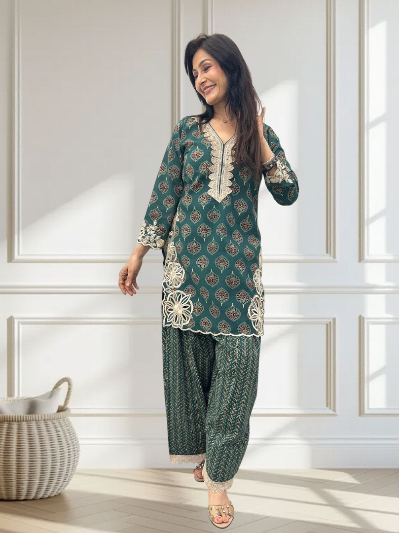Thumbnail: Dastoor Ajrakh Teal Green Kurti Set