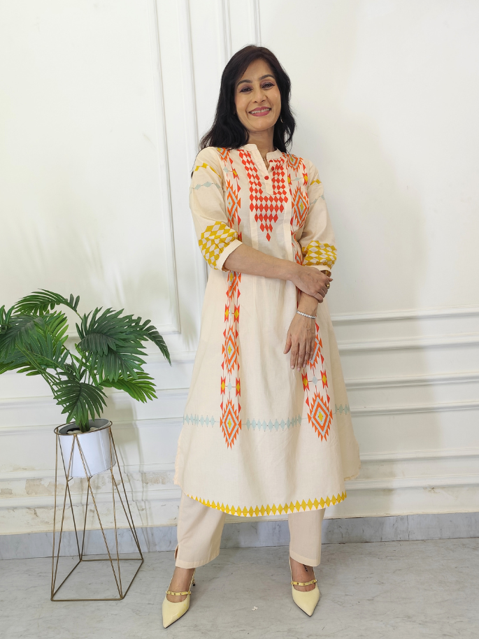 Ikkat Geometrical Beige Co-ord in Mulcotton