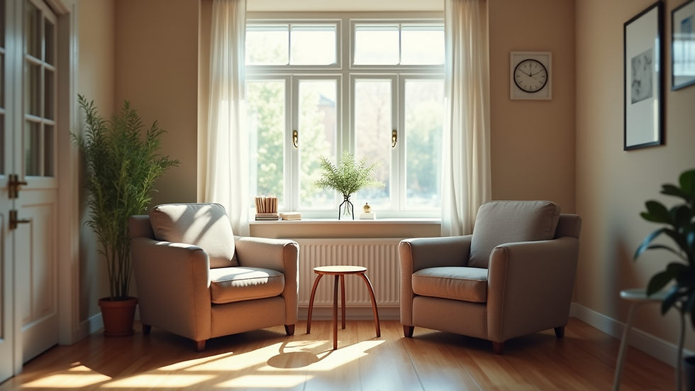Eye-level view of a cozy counselling room with two chairs facing each other