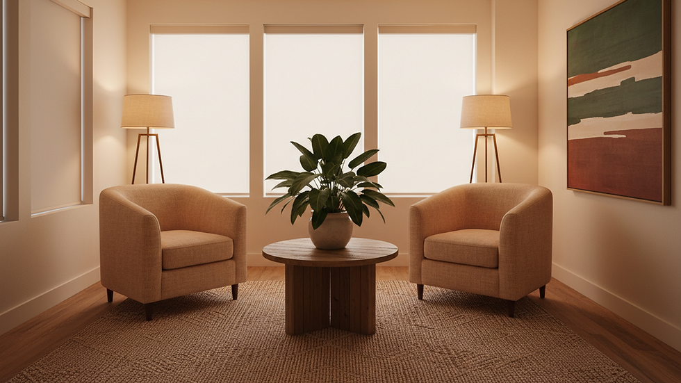 Eye-level view of a cozy counselling room with soft lighting and comfortable chairs