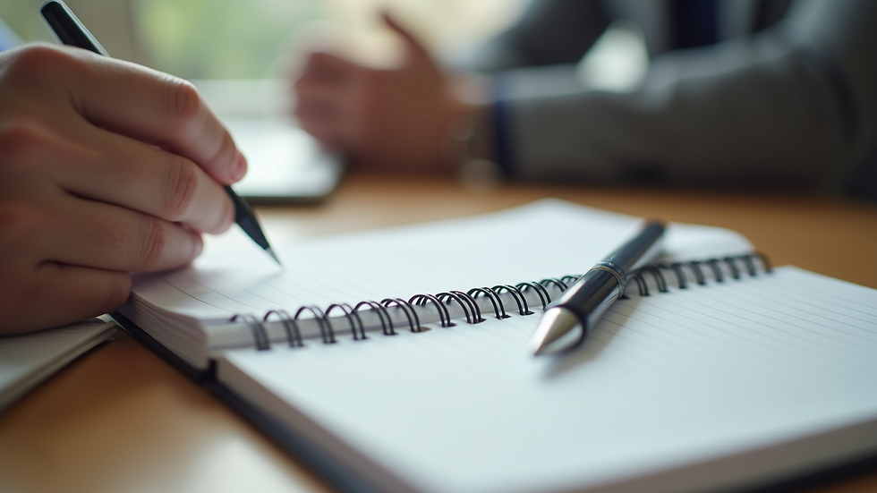 Close-up view of a notebook and pen on a table during a counselling session
