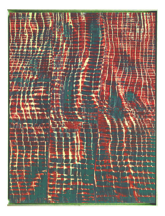 Image d'un tableau abstrait de type : abstraction organique à lignes ou bandes verticales. Passages et dégradés de couleurs sombres et tons de brun-rouge, vert de gris. Superposition de zones de peinture traverssées par un large peigne à dents de bois. A-plats de peinture passés à la brosse à peindre de diférente largeurs. Peinture à l'huile sur toile. format vertical.