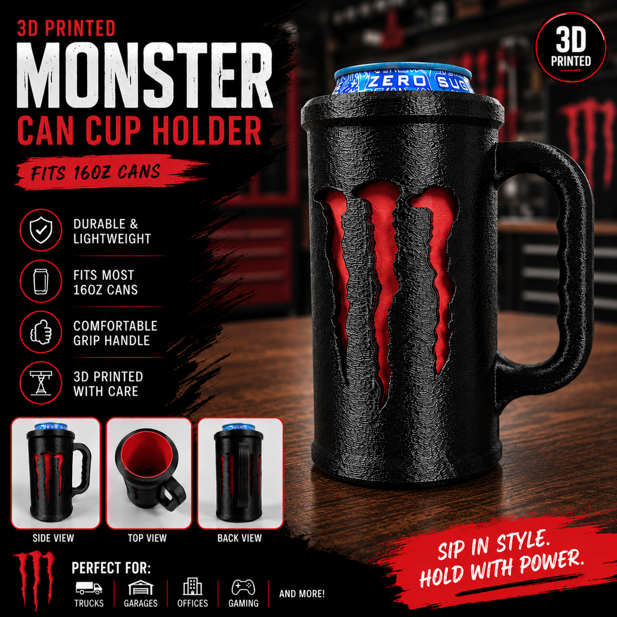 3D Printed Monster Style Can Holder with Handle | Fits 16oz Energy Drink Cans