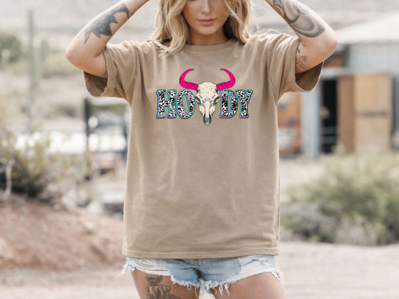 Thumbnail: Howdy Western Shirt for Women, Cow Skull Graphic Tee, Trendy Cowgirl Outfit
