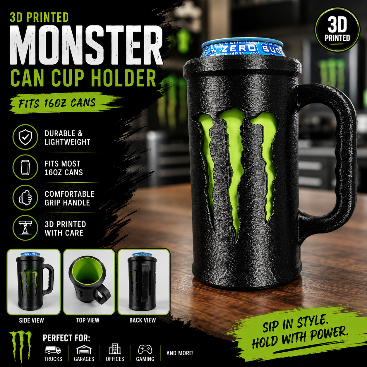 3D Printed Monster Style Can Holder with Handle | Fits 16oz Energy Drink Cans