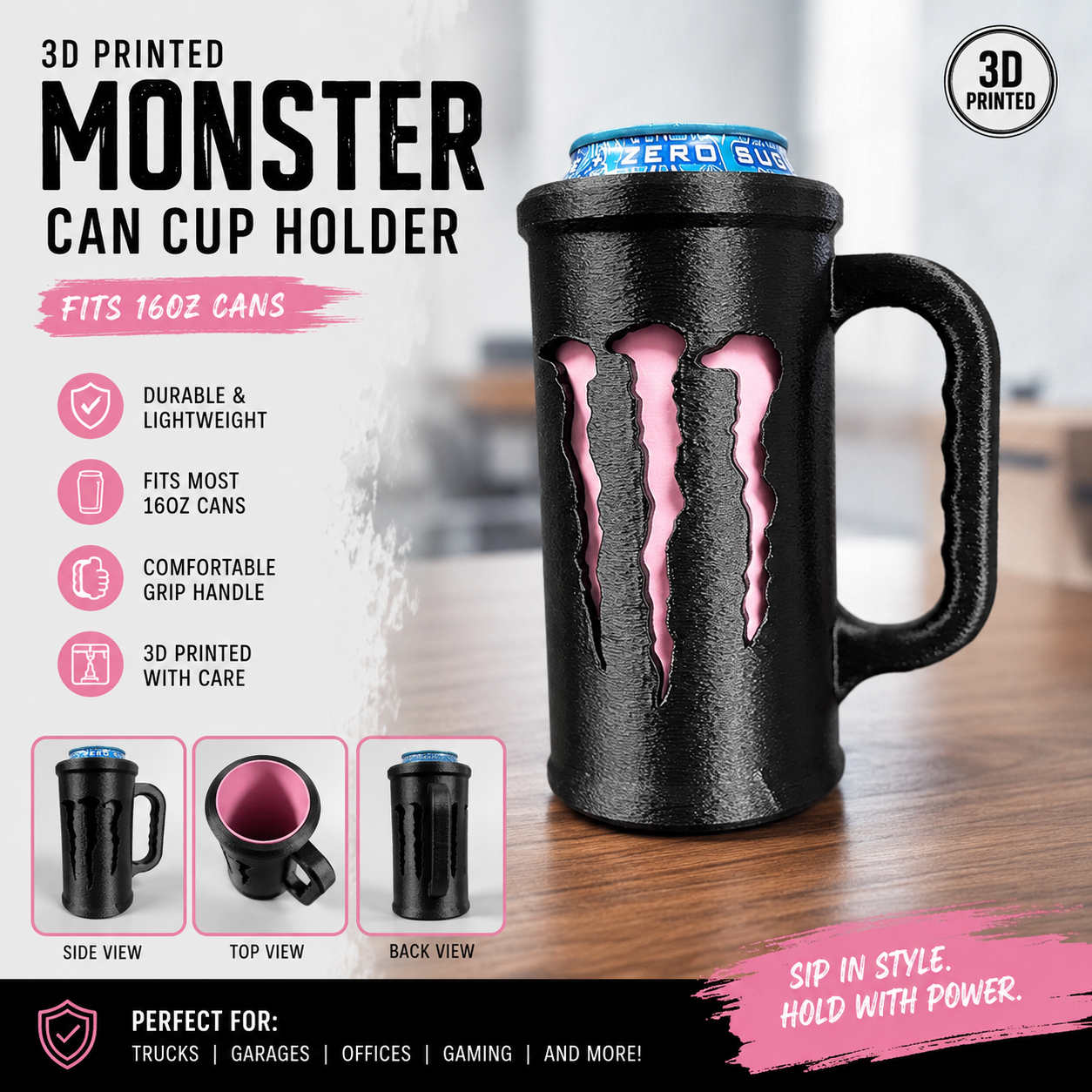 3D Printed Monster Style Can Holder with Handle | Fits 16oz Energy Drink Cans