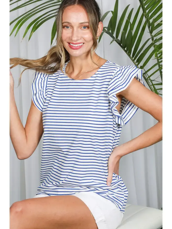 Thumbnail: Flutter Sleeve Crew Neck Navy Stripe