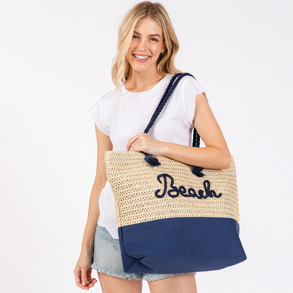 BEACH Embroidered Rope Handle Crochet Fabric Beach Bag