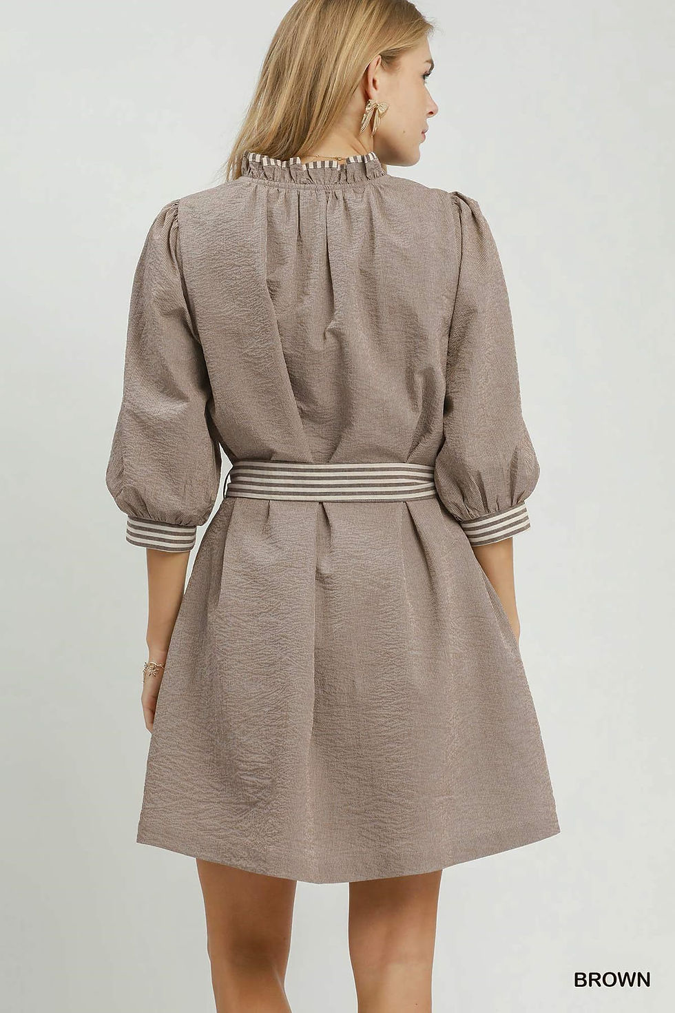 Thumbnail: Brown Short Dress with Striped Tie