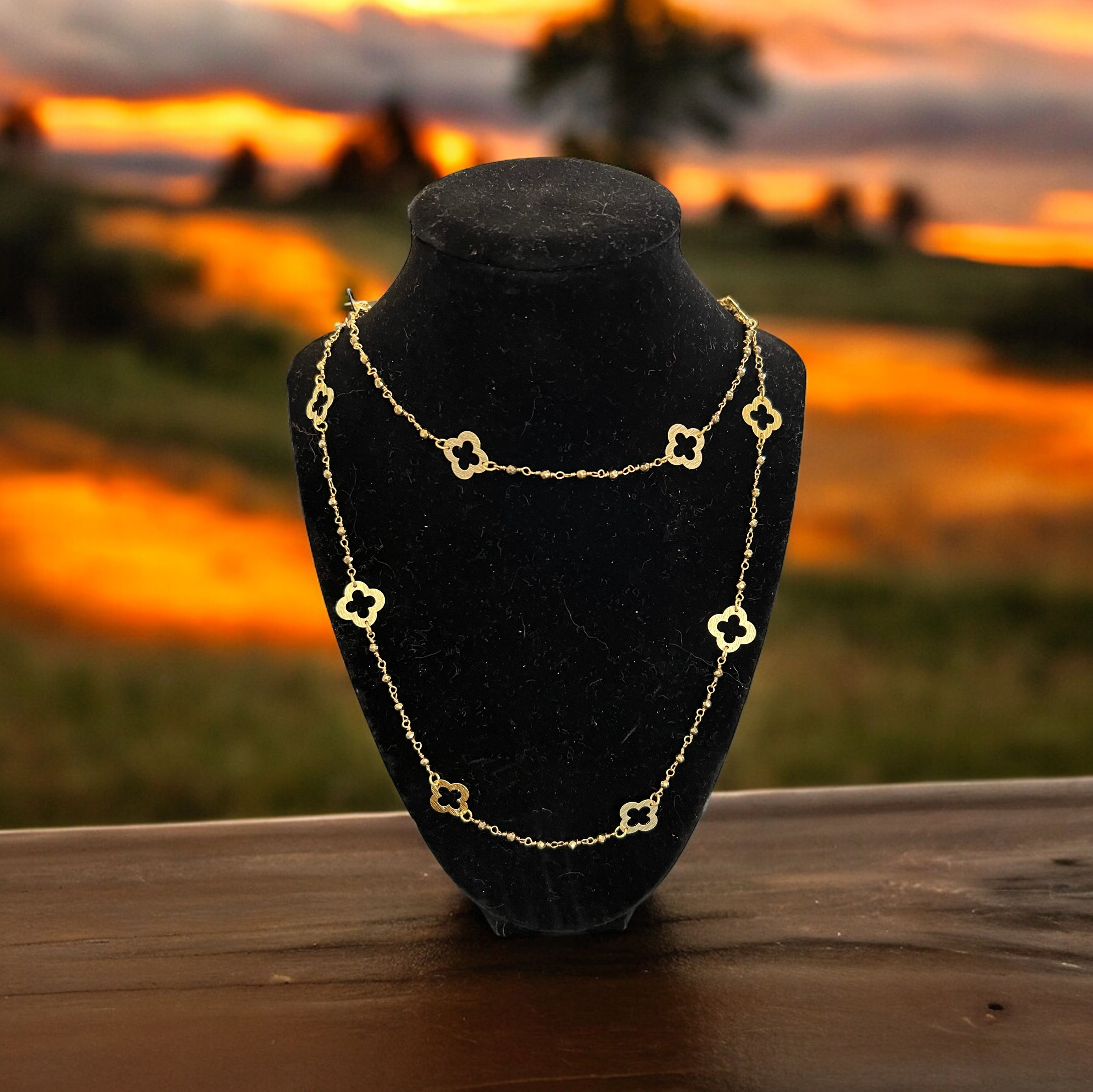 GOLD CLOVER AND PETITE PYRITE LONG NECKLACE