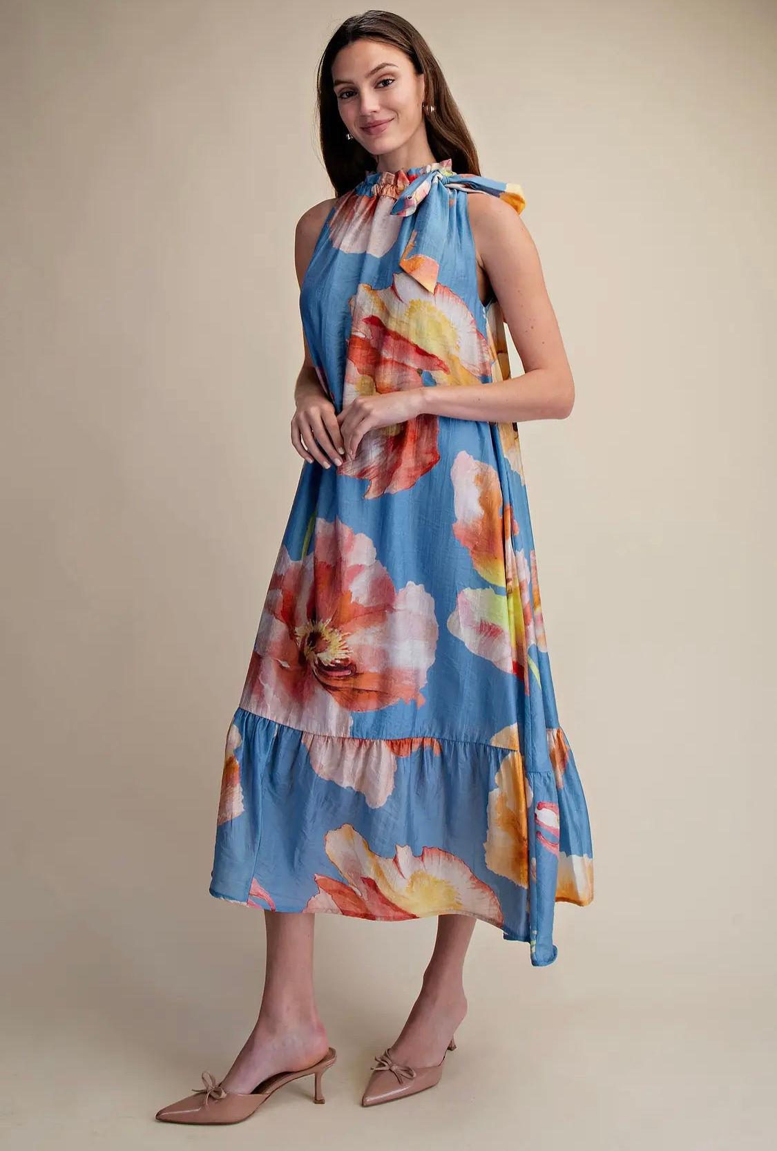 Long Blue Floral Neck Tie Dress