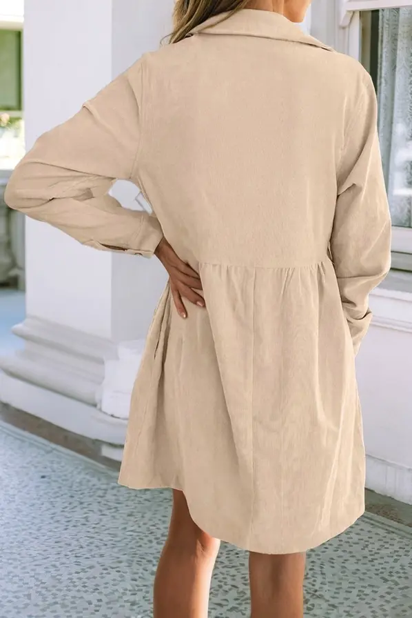Thumbnail: Corduroy Half Button Collared Long Sleeve Dress