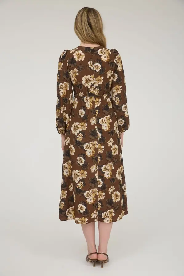 Thumbnail: Tan Flowers V Neck Long Sleeve Button Down Dress