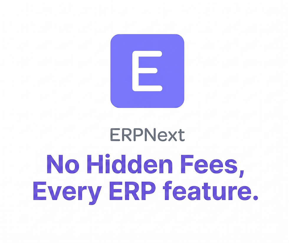 An image showing the ERPNext logo with a slogan underneath saying, No Hidden Fees, Every ERP feature.