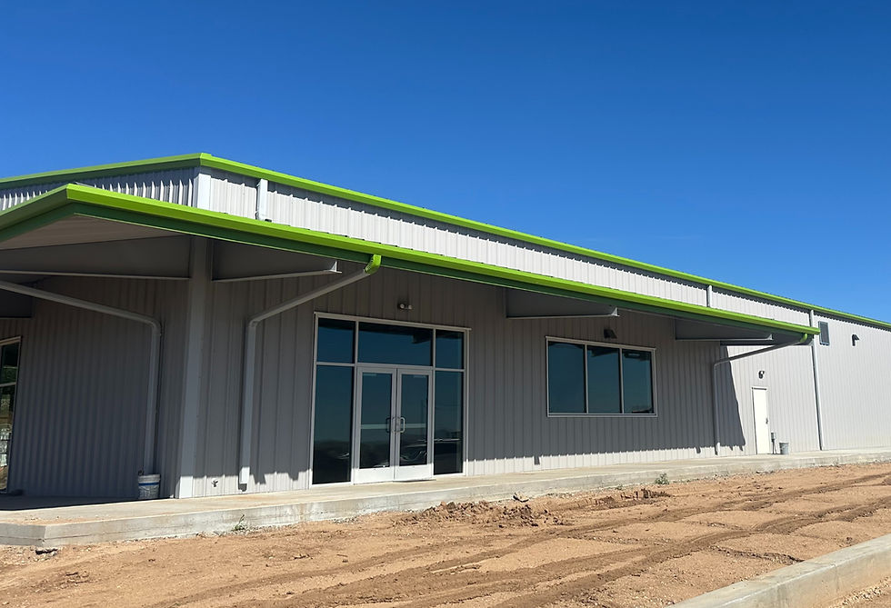 Completed commercial building exterior with gray walls and green trim.