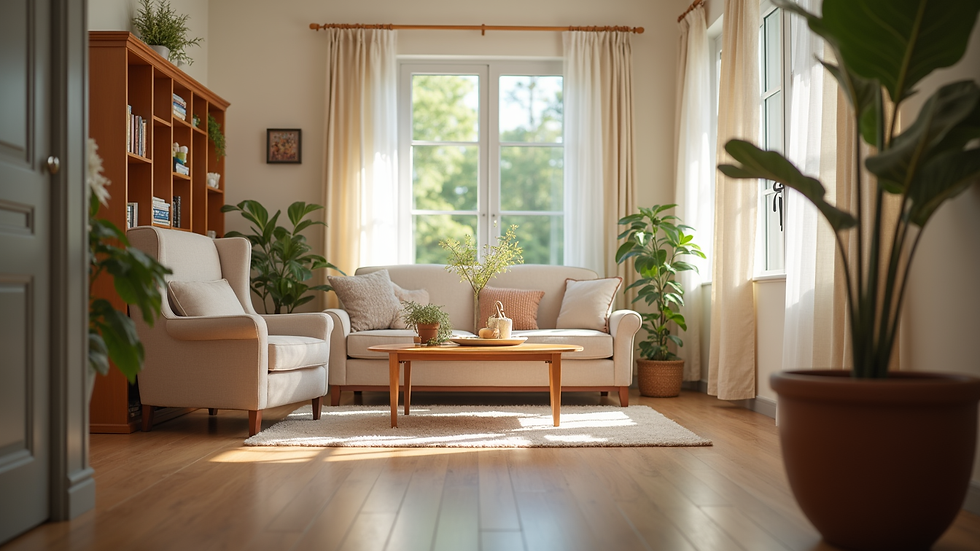 Eye-level view of a cozy living space in an assisted living facility