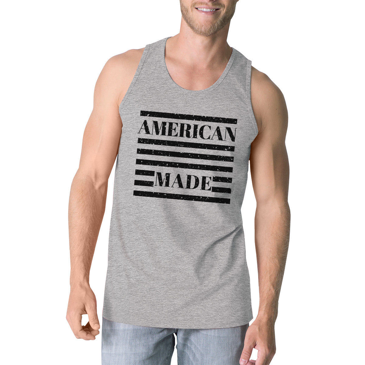 American Made Mens Grey Cotton Tanks 4th of July Graphic Tank Top