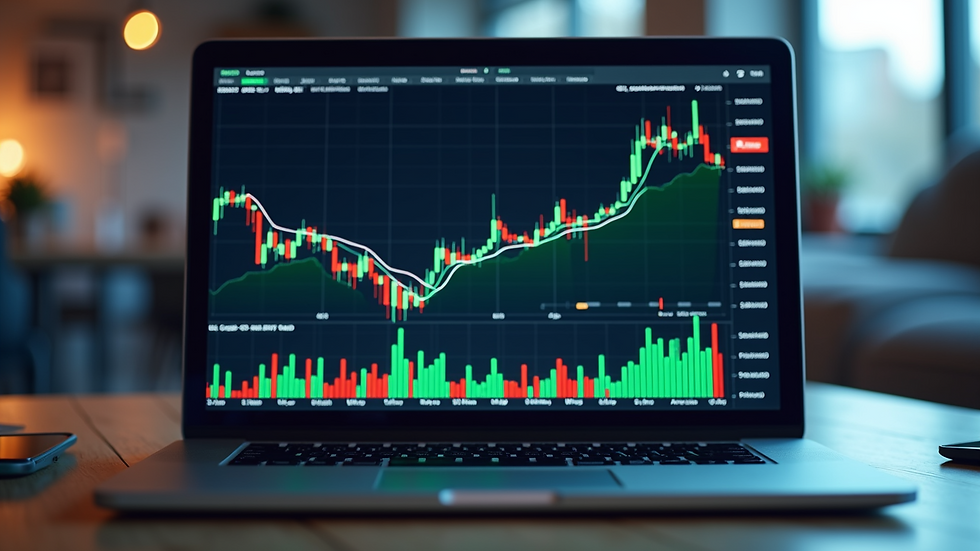Eye-level view of a laptop screen showing stock market charts