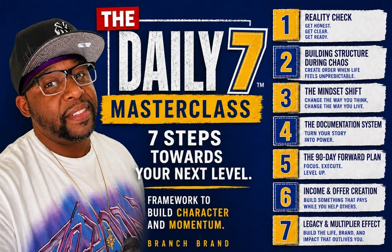 The Daily 7™ Masterclass cover by Damien J. Branch teaching personal development, & mindset growth