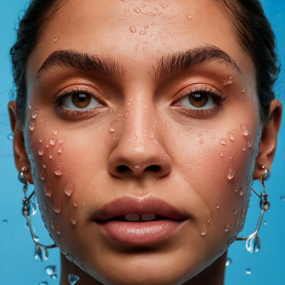 Close-up shot, macrophotography, 1:1, hyper-realistic, high-definition, detailed skin texture, balanced droplets of water, soft lighting, natural glow, refreshing, rejuvenating, tranquil