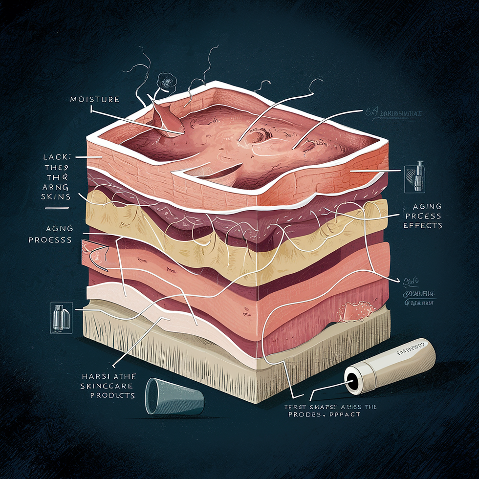 A detailed scientific diagram showing the layers of the skin, highlighting the lack of moisture, aging process effects, and harsh skincare products impact, Illustration, monochromatic tones with a focus on textures and labels