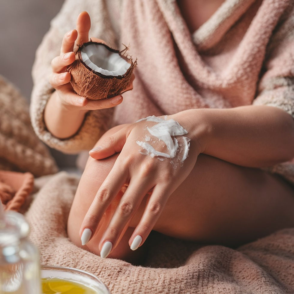An image of a person moisturizing with coconut and olive oil, emphasizing the benefits of natural oils, dreamy pastel colours, soft focus on skin texture, content expression, warm soft lighting, cozy atmosphere.