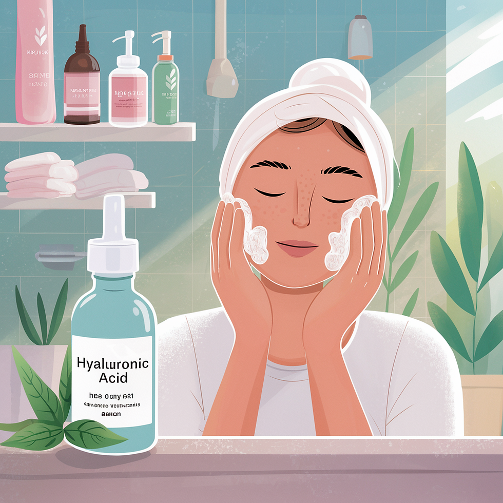 A serene bathroom setting with shelves of skincare products, a person gently cleansing their face with a gentle cleanser, Hyaluronic Acid bottle in the foreground, Digital illustration, soft pastel colors, peaceful expression on the person's face, soft natural lighting,