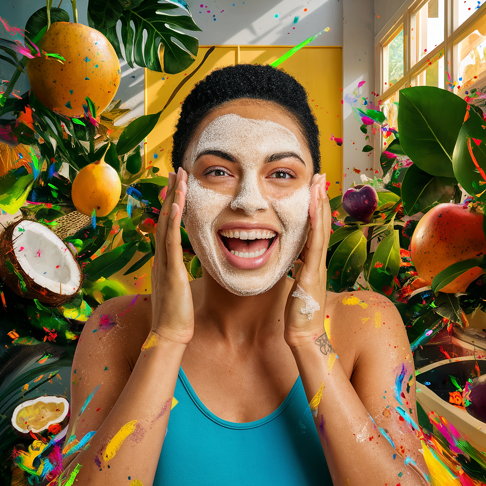 An image of a person applying a homemade sugar and coconut oil scrub, highlighting the exfoliation process, rough texture of sugar and smoothness of coconut oil, monochromatic colour scheme with pops of gold, determined expression, dramatic lighting, energetic atmosphere.