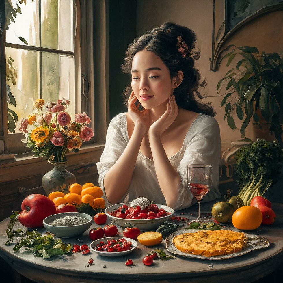 An elegant watercolor painting of a table filled with foods for glowing skin, showcasing the importance of a balanced diet, rich colors of fruits and vegetables, serene expression, soft natural lighting, inviting atmosphere.